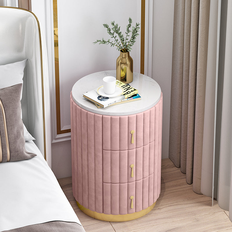 WEIDPHL Table De Chevet Ronde Rose – 3 Tiroirs + Porte Coulissante – Meuble Rangement Multifonction Chambre Salon